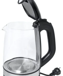 Exquisit Glas-Wasserkocher WK 3501 Swg, Innenbeleuchtung, 2 Liter, 2200 Watt, Edelstahlverzierung, Schwarz