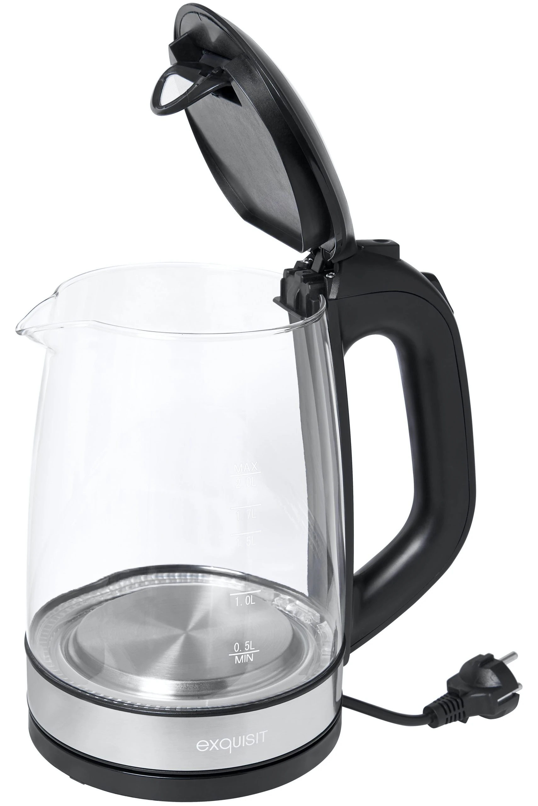 Exquisit Glas-Wasserkocher WK 3501 Swg, Innenbeleuchtung, 2 Liter, 2200 Watt, Edelstahlverzierung, Schwarz 1 Exquisit Glas-Wasserkocher WK 3501 Swg, Innenbeleuchtung, 2 Liter, 2200 Watt, Edelstahlverzierung, Schwarz