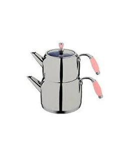 Null Almina Türkisches Tekannen Set Caydanlik Silikongriff In Pink Kapazität 2 Liter