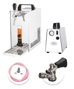 Null Komplett Set Zapfanlage, Bierzapfanlage, Bierkoffer, Durchlaufkühler PYGMY 25 1-leitig Trockenkühler, 35 Liter/h, Green Line